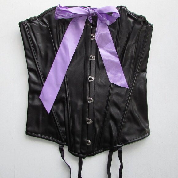 Black Pleather Purple Ribboned Corset Set - NEW - Picture 8 of 11